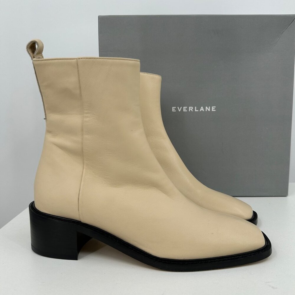 Everlane The City Boot in Cream Leather 7.5 Women's Side Zip Block Heel Ankle